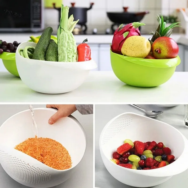 1PC-Plastic Colander Rice Bowl Drain Basket Fruit Bowl Washing Drain Basket with Handle Washing Basket Home Kitchen Organizer 2