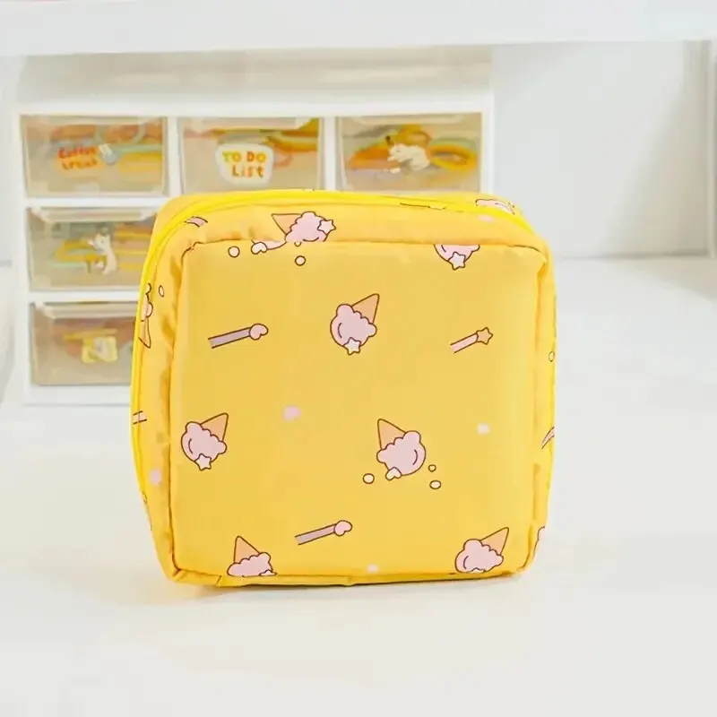 Women Sanitary Napkin Tampon Storage Bag Portable Waterproof Organizer Pouch Cartoon Pattern Sanitary Napkin Bag – Yellow Ice Cream 16