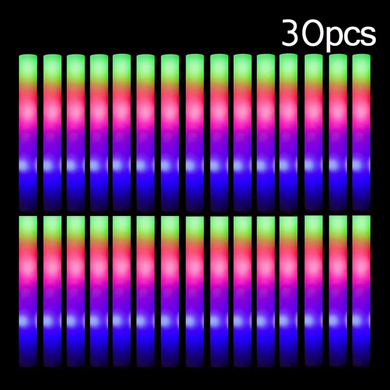 15/30Pcs LED Glow Sticks Bulk Colorful RGB Glow Foam Stick Cheer Tube Dark Light for Xmas Birthday Wedding Party Supplies – 30 pcs Foam Stick 12