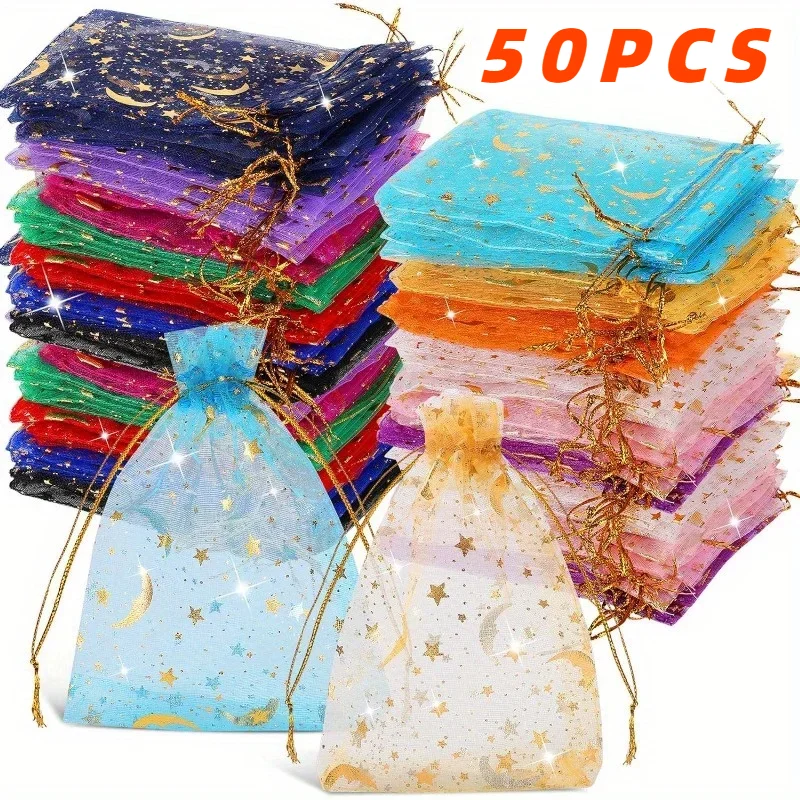 50PCS Moon Stars Drawstring Organza Bags Jewelry Gift Bags Pouches Gold Star Organza Favor Pouches for Christmas Wedding – Multicolor-50PCS 1