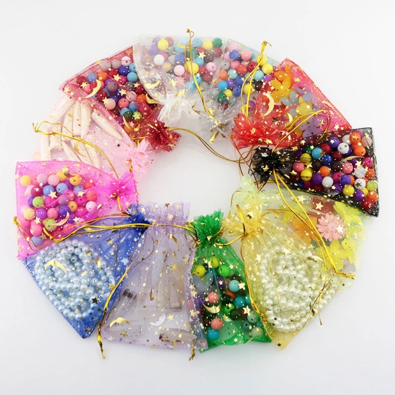 50PCS Moon Stars Drawstring Organza Bags Jewelry Gift Bags Pouches Gold Star Organza Favor Pouches for Christmas Wedding 2
