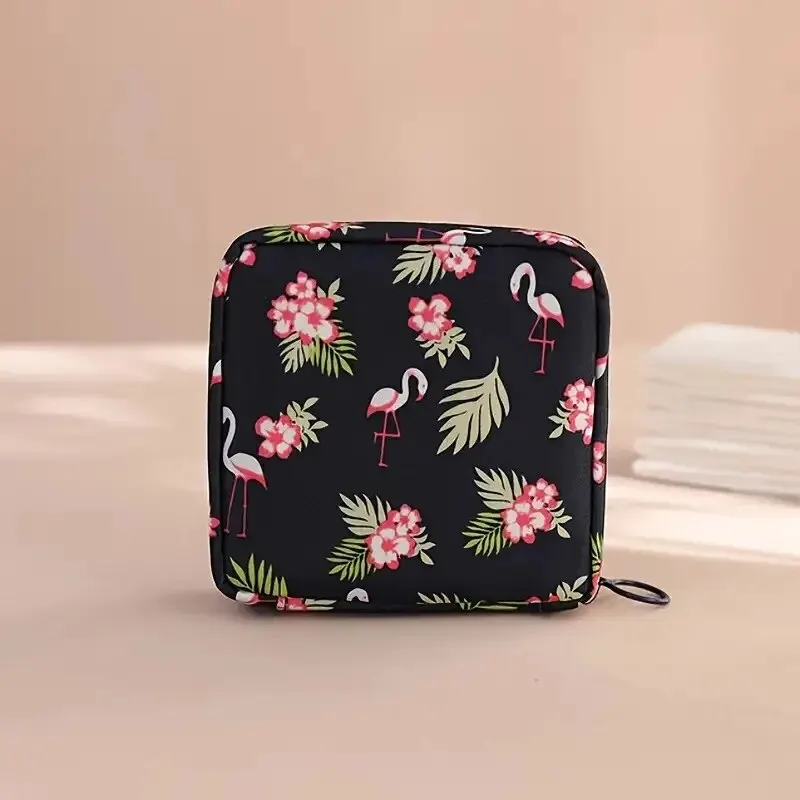 Women Sanitary Napkin Tampon Storage Bag Portable Waterproof Organizer Pouch Cartoon Pattern Sanitary Napkin Bag – Black Flamingo 9