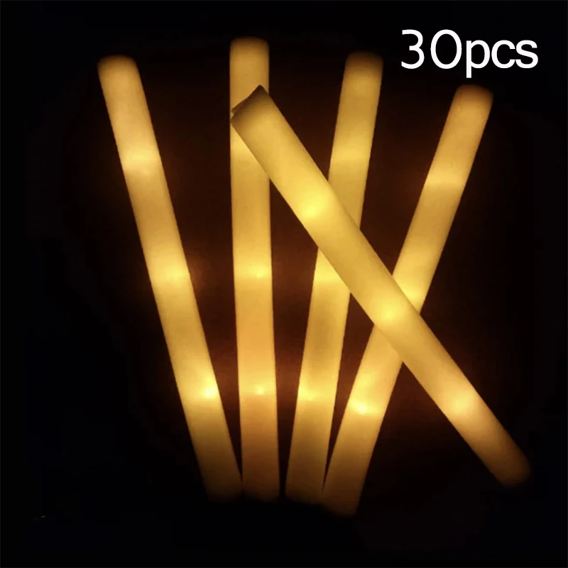 15/30Pcs LED Glow Sticks Bulk Colorful RGB Glow Foam Stick Cheer Tube Dark Light for Xmas Birthday Wedding Party Supplies – 30pcs Yellow 2