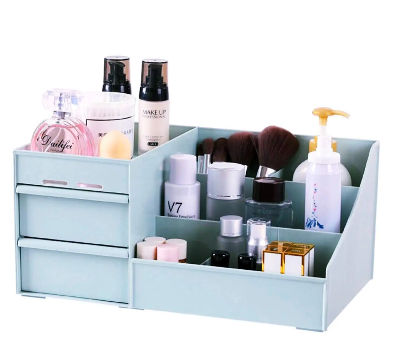 Makeup Organizer for Vanity Bathroom Desktop Cosmetics Storage Box with Drawers for Lipstick, Brushes, Lotions, Eyeshadow – Blue 3
