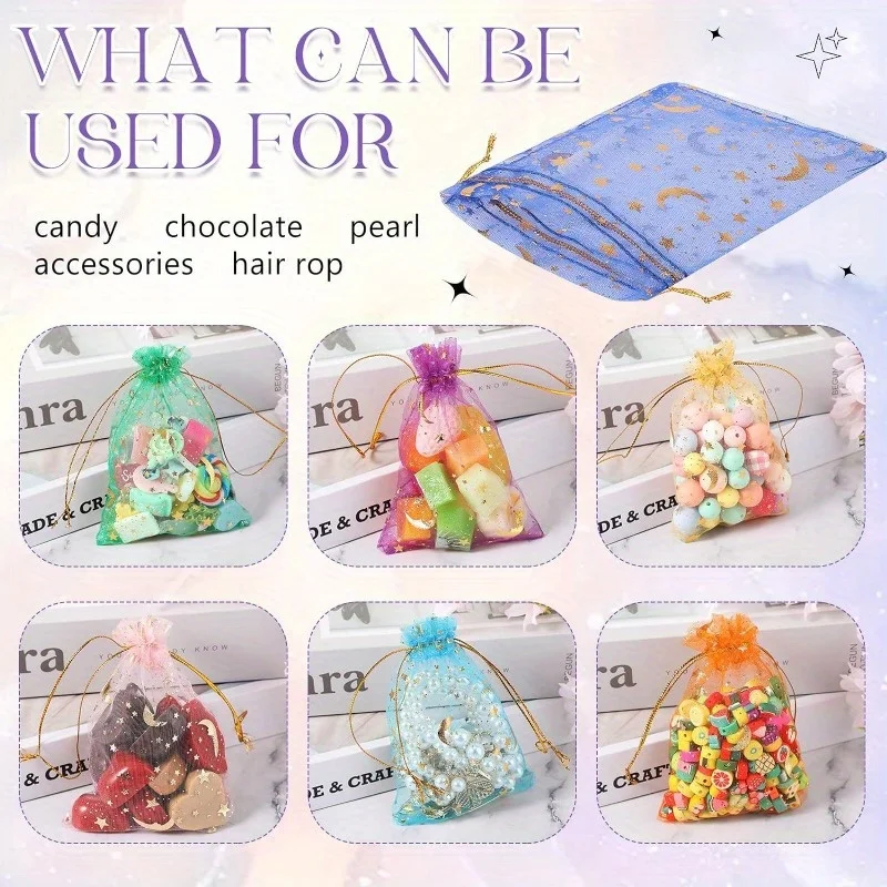 50PCS Moon Stars Drawstring Organza Bags Jewelry Gift Bags Pouches Gold Star Organza Favor Pouches for Christmas Wedding 5