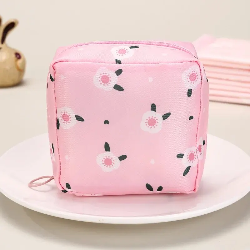Women Sanitary Napkin Tampon Storage Bag Portable Waterproof Organizer Pouch Cartoon Pattern Sanitary Napkin Bag – Pink Flower 5