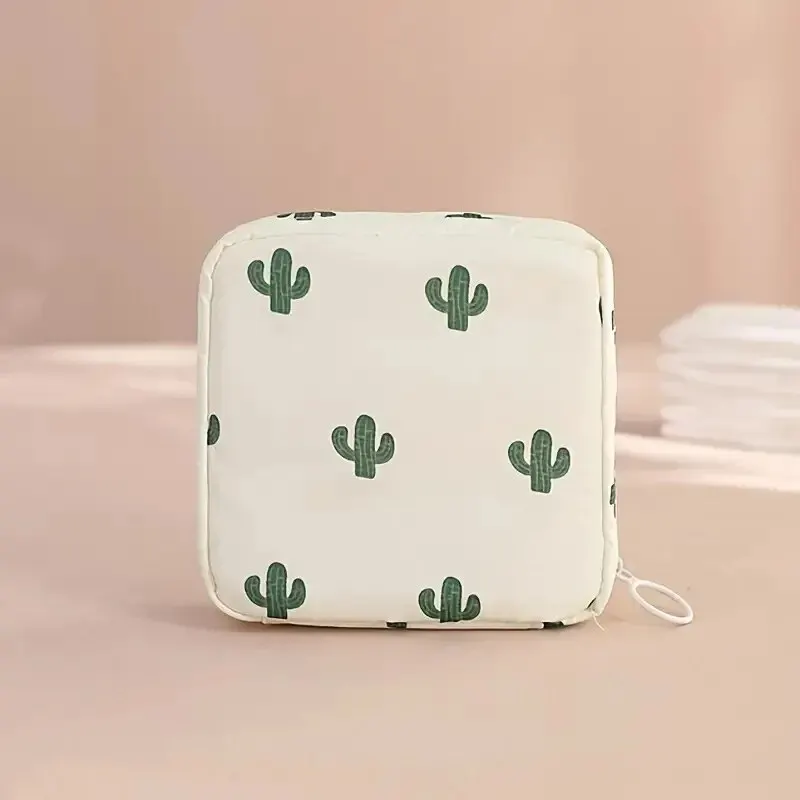 Women Sanitary Napkin Tampon Storage Bag Portable Waterproof Organizer Pouch Cartoon Pattern Sanitary Napkin Bag – Beige Cactus 4