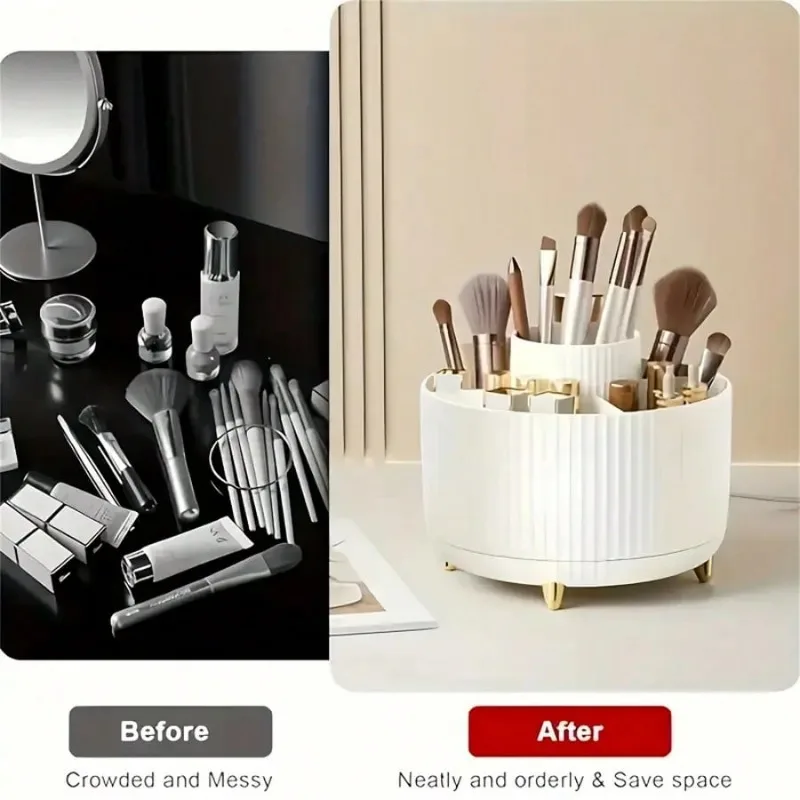 360° Rotating Makeup Organizer – 1pc Plastic Cosmetic Storage with 5 Compartments – Multi-Functional Holder for Brushes 7