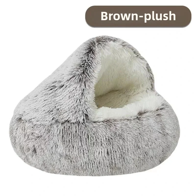Autumn and Winter soft plush pet bed and pet bed Winter warm and cold plush comforter nest Shell cat nest semi-enclosed cat nest – Brown plush 14