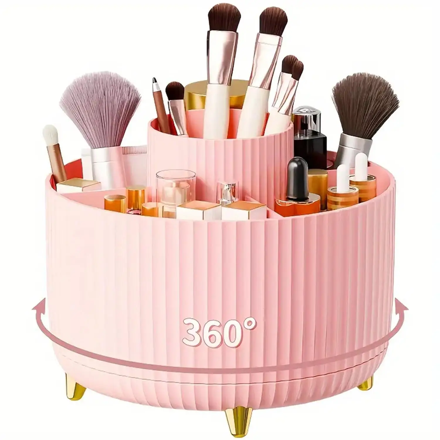360° Rotating Makeup Organizer – 1pc Plastic Cosmetic Storage with 5 Compartments – Multi-Functional Holder for Brushes – Pink 1