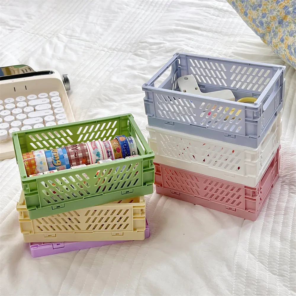 6 Color Organizing Storage Baskets Case Folding Student Desktop Basket Tape Stationery Plastic Foldable Container Storage Box 2