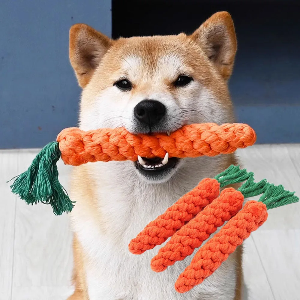 1Pcs Carrot Dog Bite Rope Pet Dog Toys Safe Durable Braided Bite Dog Chew Toys Resistant Puppy Molar Cleaning Teeth Cotton Rope 10