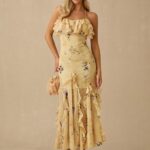 Spring/Summer Romantic Women's Yellow Floral Print Sleeveless Ruffle Trim Waist Elastic Chiffon Sling Elegant Maxi Dress,Sweet&Elegant&Sexy, For Holiday Dress&Vacation Dress&Sweet Date&Graduation Season Dress&Afternoon Tea&Garden Parties,Summer Outfits For Women,Elegant Dresses For Women