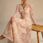Spring/Summer Romantic Women's Elegant Pink Floral Print V-Neck Leg Of Mutton Sleeves Long Dress,Sweet&Elegant&Fashionable For Date&Holiday&Birthday&Party&Wedding Guest&Office&GoingOut,Back To School,Afternoon Tea Dress,Summer Dresses For Women