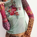 Women's Floral Print Color Block Stand Collar Long Sleeve Top