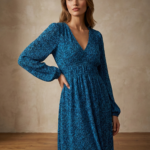 Blue Plissé Floral Dress UK 12 14 M Long Sleeve V-Neck Pleated Pre-owned