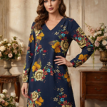 Pre-owned Jacqueline de Yong JDY Floral Dress UK 12 Navy Blue Tunic V-Neck Boho