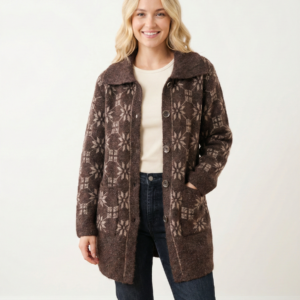 Womens Long Cardigan Button Front Brown Snowflake Fuzzy Knit Coatigan Cozy