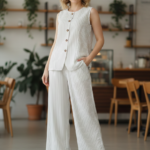 Womens White Black Pinstripe Co-ord Set Size L Sleeveless Top Wide Leg Trousers