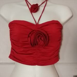 Pull&Bear Red Ruched Crop Top 3D Rose Appliqué Choker Halterneck Size M Y2K NWT