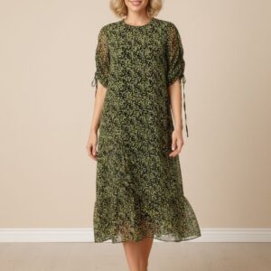 Glamorous Dress Womens S Black Yellow Floral Midi Ruffle Puff Sleeve Tie Waist