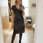 Promod Dress Womens L Navy Polka Dot Wrap VNeck Buckle Short Sleeve Knee Length