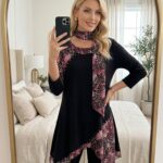 Anna Rose Tunic Womens L Black Pink Animal Print Scarf Studded Asymmetric Hem