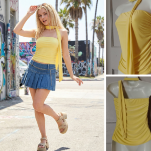 PLT Lemon Yellow Scarf Neck Top UK 10 Bandeau Ruched Double Layer Jersey Party N