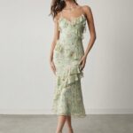 Women Floral Print Ruffle Trim Spaghetti Strap Dress,Sweet&Elegant Outfit For Valentine's Day&Christmas Party&New Years&Birthday&Holiday &Sweet Date Night,Sage Green Dress