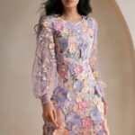 Elegant Round Neck Lantern Sleeve Floral Embroidery Mesh Dress, Autumn