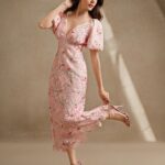 Anewsta Women's Woven Water-Soluble Lace Lace Lace Bubble Short Sleeved V-Neck Fashionable Printed Dress Floral, Spring/Summer, Elegant