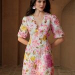 Women V-Neck Short Puff Sleeve Ruffled A-Line Lace Floral Print Dress, Summer, Festival, Holiday, Vacation, Elegant