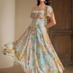 Anewsta Floral Elegant Easter Vacation Brunch Outfit Women's Printed Flowy Floral Dress, Elegant Casual Tea Dress