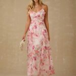 Spring/Summer Romantic Women's Pink Floral Print Spaghetti Straps Pleated Waist Ruffled Hem Maxi Dress,Sweet&Elegant For Vacation&Date&Holiday&Party&Graduation&Wedding Guest&Beach,Prom Dress,Summer Dresses For Women,Sun Dresses For Women,Summer Clothes, ,Elegant Dresses For Party,Boho Clothes Women