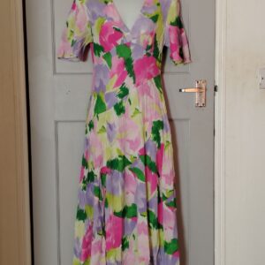 Primark Dress Womens 12 V Neck Midi Short Sleeve Floral Pink Green Lavender