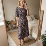 New Look Dress Womens UK14 Black Pink Floral Midi Puff Sleeve Viscose Casual