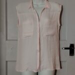 Sleeveless Button Front Blouse Womens Sheer Light Pink Collared Pocket Casual