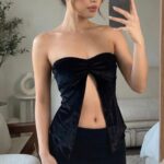 PrettyLittleThing Bustier Womens S Black Velvet Strapless Corset Top Ruched