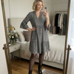 KAFFE Dress Womens 42 Floral Tiered V-Neck Bell Sleeve Empire Black Pink Teal