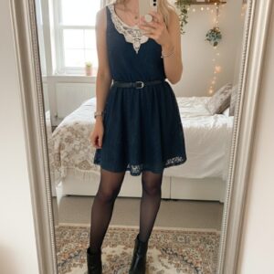 Atmosphere navy lace skater dress with cream lace collar uk8