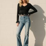 Black peplum top with bell sleeves white trim UK 8 Pre-Owned